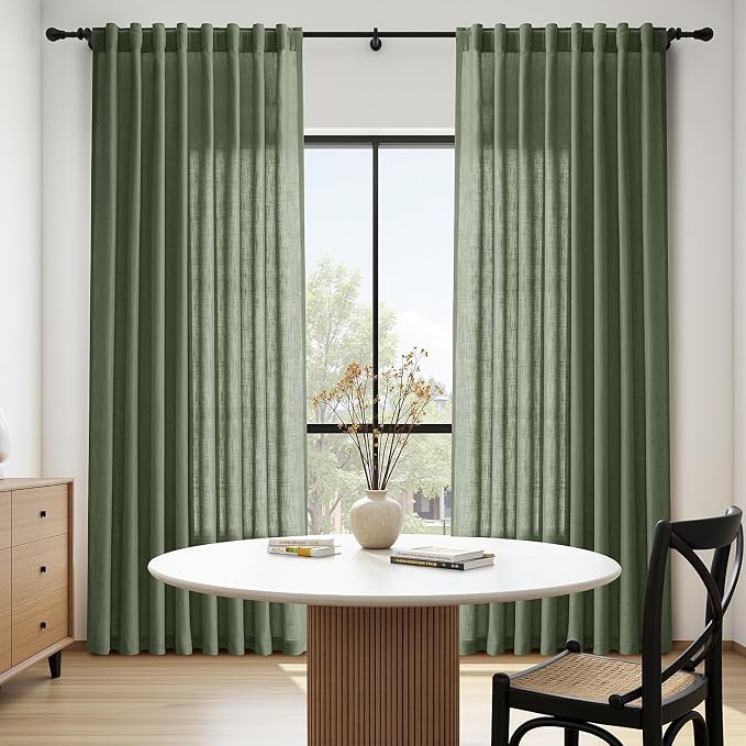 Olive Green Linen Sheer Curtains 84 Inch Length 2 Panels - Image 8
