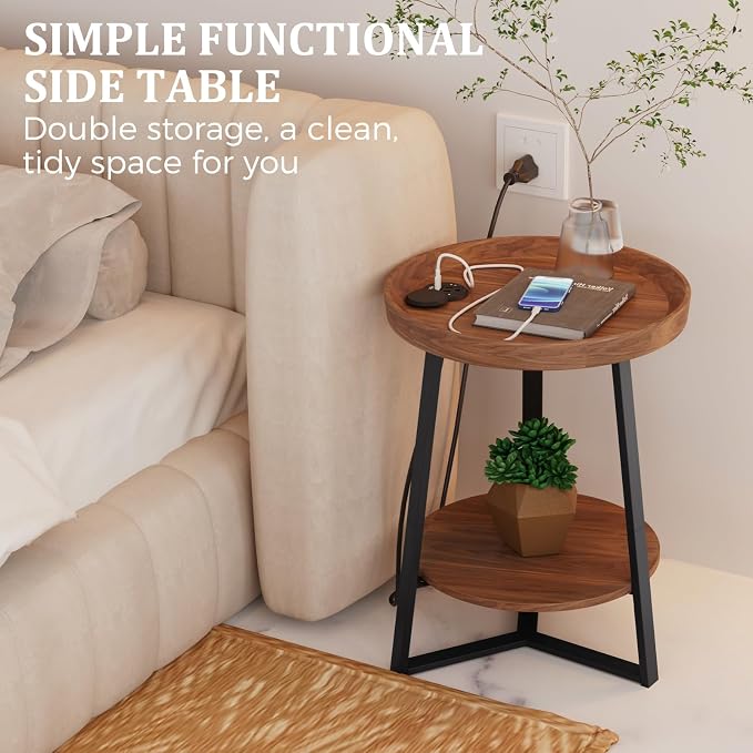 Gadroad Round End Table with Charging Station, USB Ports, Wood Tabletop & Black - Image 6