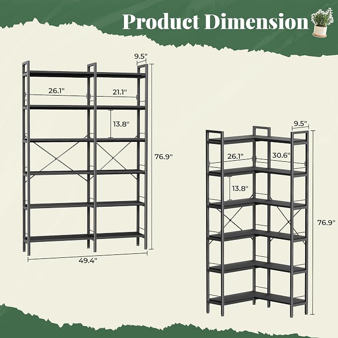 Huuger 6 Tier Bookshelf, L Shaped Corner Bookshelf - Image 3