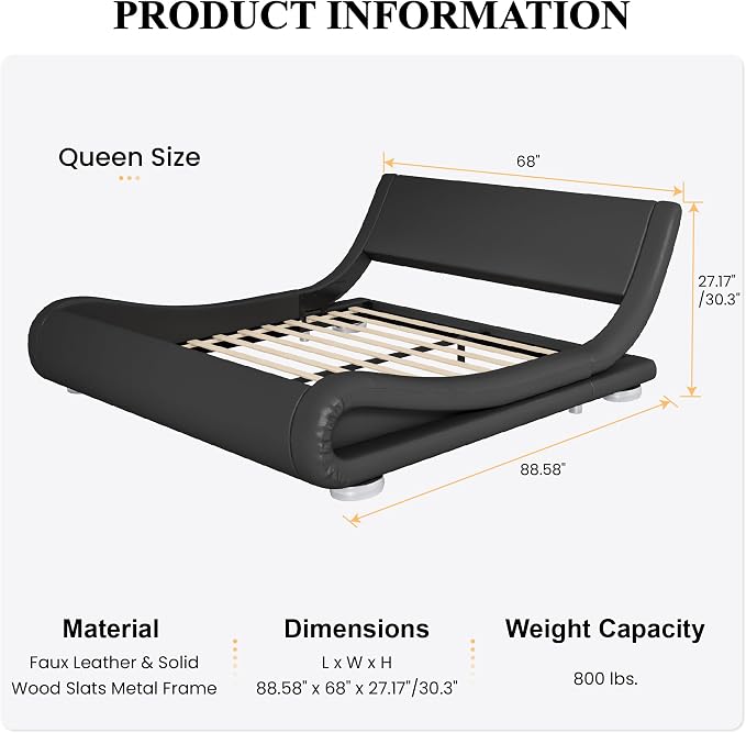 SHA CERLIN Queen Size Upholstered Bed Frame, Deluxe Low Profile Sleigh Bed - Image 2