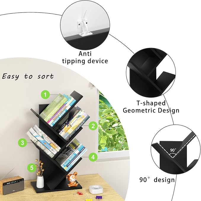 SHEEPAM 5 Tier Tree Book Shelf, Small Desktop Bookshelf - Image 7
