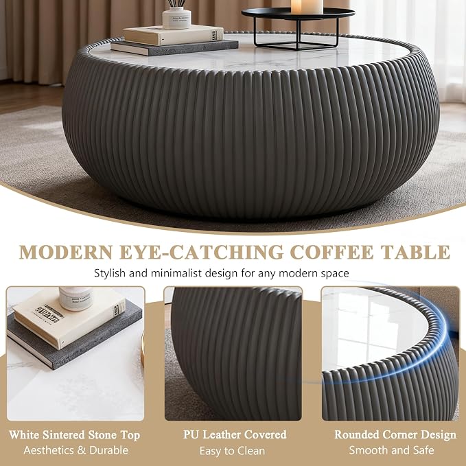 27.55" Round Marble Coffee Table, Modern Fluted Coffee Table - Image 5