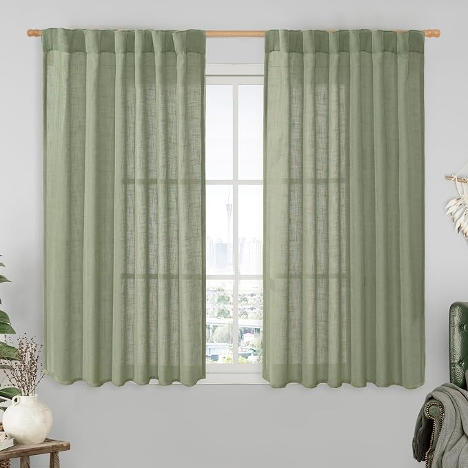 Sage Green Linen Curtains 54 Inch Length 2 Panels, 52 x 54 Inch | Light by LAMIT