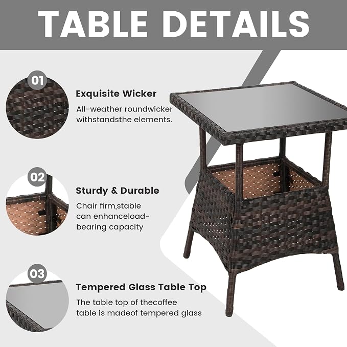 LEVELEVE 3pcs Modern PE Wicker Outdoor Rocking Chairs & Glass Table Set - Image 4
