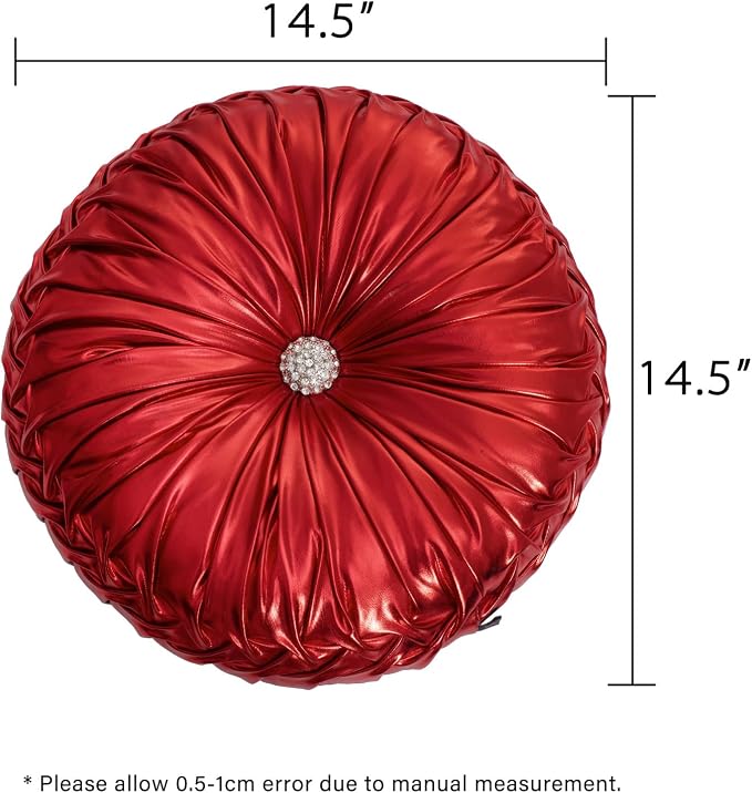 HIG Set of 2 Red Metallic Leather Decorative Round Pleated Throw Pillows | - Image 5