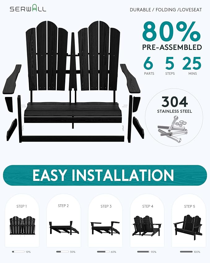 SERWALL 3 Pieces Patio Adirondack Bench Set, 2 Folding Adirondack Bench & 1 - Image 8
