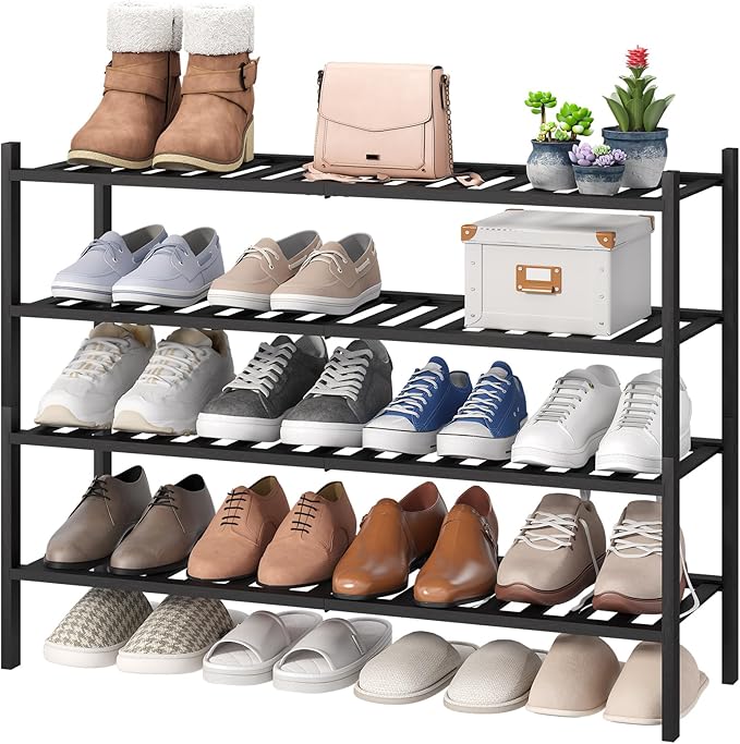 viewcare Black 4-Tier Long Shoe Rack, Bamboo Wood by VIEWCARE