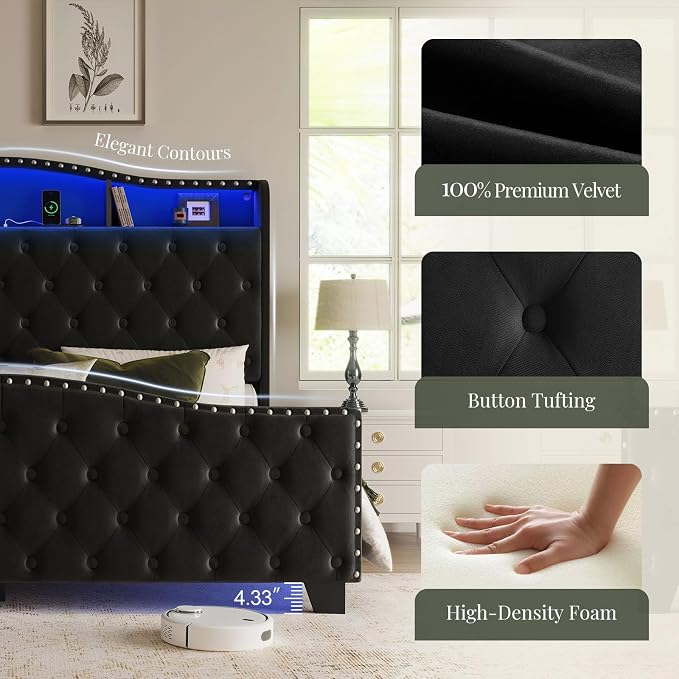 Belffin Queen Size Bed Frame and Headboard, 50.9" Velvet Upholstered Wingback - Image 6