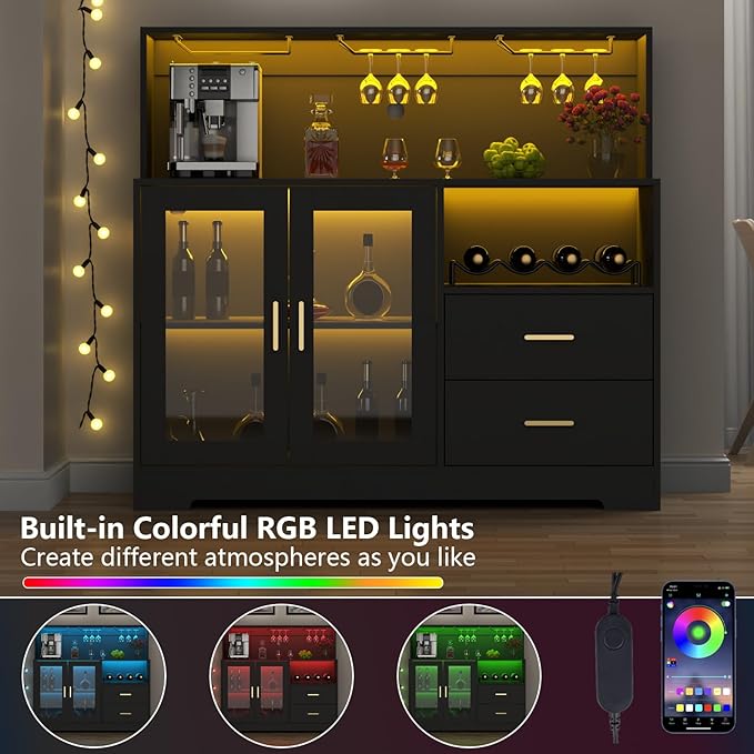 Bar Cabinet for Home with LED Light, Coffee Bar Cabinet with Wine & Glass Rack - Image 5