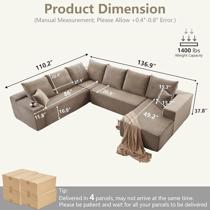 Cloud Sectional Couch with L-Shape Chaise, Modern Modular Comfy Sofa with Deep - Image 2