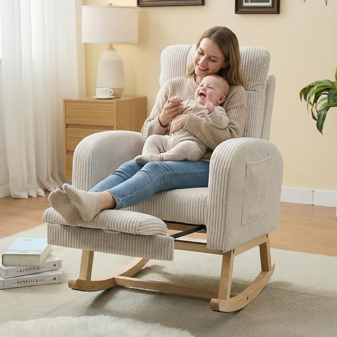 NIOIIKIT Nursery Rocking Chair, Corduroy Upholstered Rocking Chair - Image 3