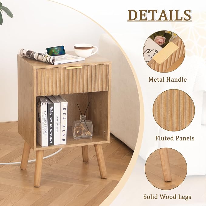 Fultyle Wood Nightstand with Charging Station, Bedside Table with Fluted - Image 4