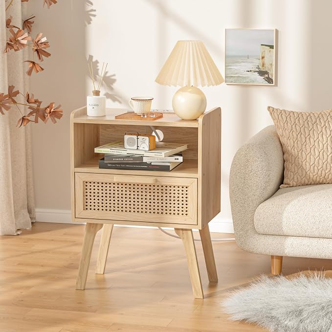 Lerliuo Rattan Nightstand with Charging Station, Boho Night Stand with Handmade - Image 9