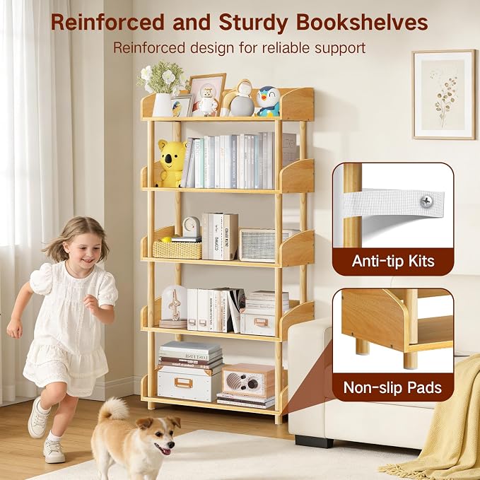 5-Tier Wooden Bookshelf, Modern Open Bookcase - Image 3