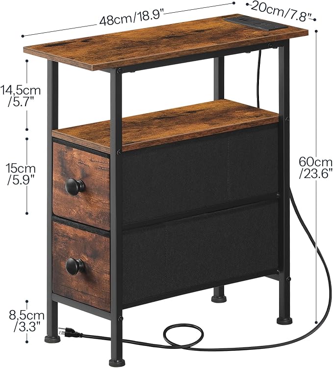 HOOBRO End Table with Charging Station, Narrow Side Table with 2 Fabric Drawers - Image 3