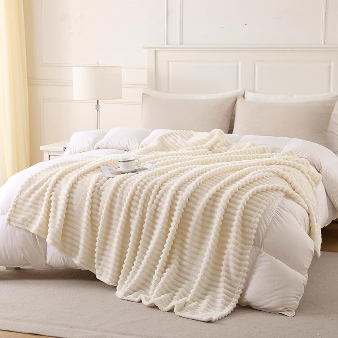 Beige Throw Blanket for Couch Sofa 50”x60” Striped Design | Fleece Blankets - Image 2