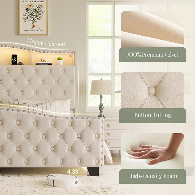 Belffin Queen Size Bed Frame and Headboard, 50.9" Velvet Upholstered Wingback - Image 6