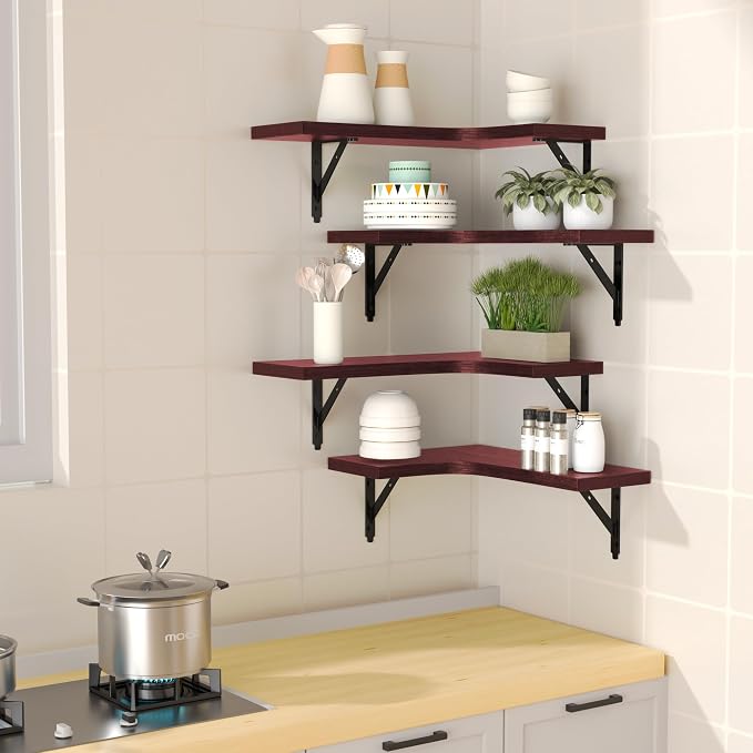 ROMGUAR CRAFT Corner Floating Shelves Wall Mounted Set of 4, Rustic Wood - Image 2