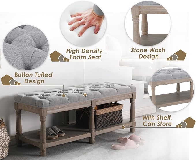 Farmhouse Storage Bench Wooden Entryway Upholstered Tufted Ottoman Bench - Image 4