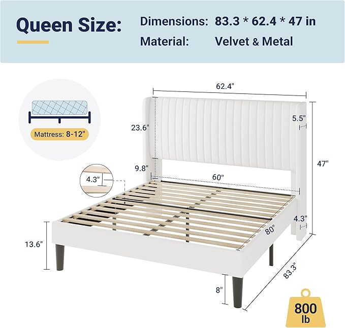 Allewie Queen Size Velvet Bed Frame/Vertical Channel Tufted Wingback - Image 2
