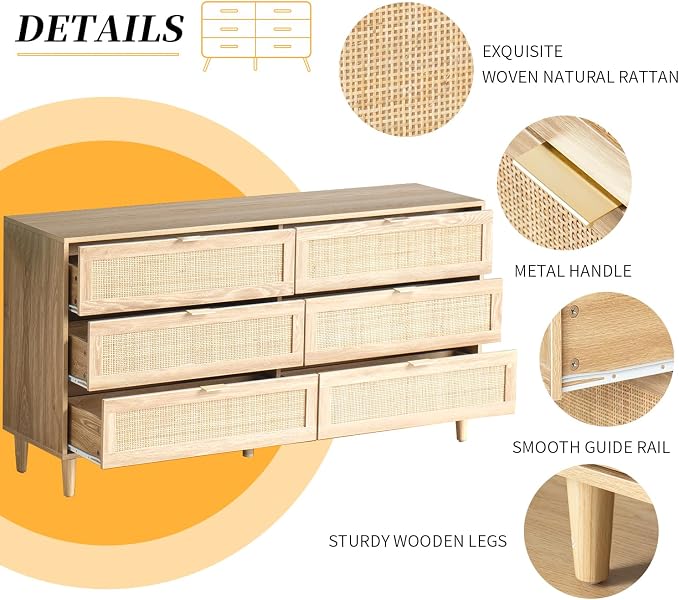 6 Drawer Double Dresser for Bedroom, Natural Rattan Modern Drawer Chest - Image 3