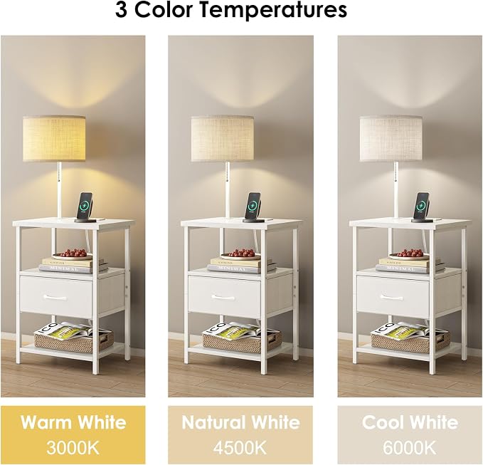 Fixwal Bedside Table with 3 Color Temperatures Bulb Attached, Nightstand with - Image 5