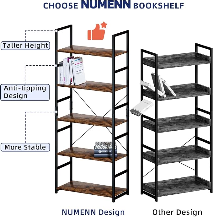 NUMENN 5 Tier Bookshelf, Tall Bookcase Shelf Storage Organizer, Modern Book - Image 7