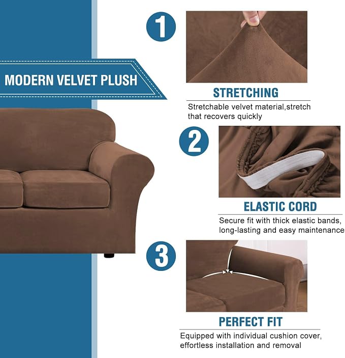 H.VERSAILTEX High Stretch Sofa Slipcover 4 Piece Cover Velvet Furniture - Image 3