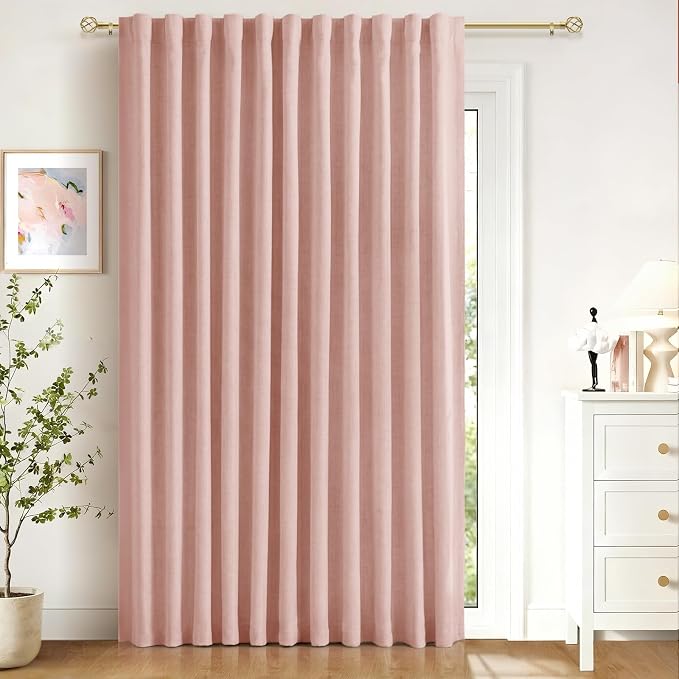 Linen Textured Total Blackout Sliding Door Curtains 90 Inches Long, Blush Pink by 100BlackoutShield