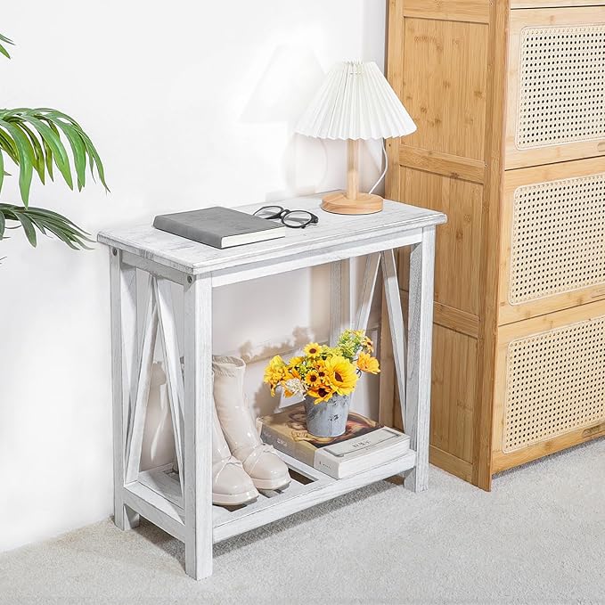 Farmhouse Narrow End Table Wooden Rustic White Side Tables - Image 6