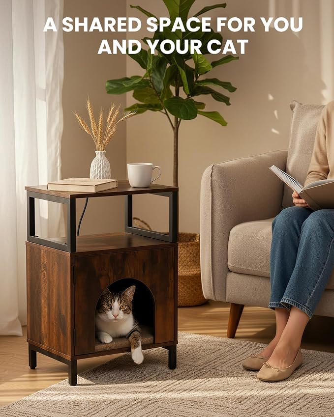 Cat Side Table with Charging Station & Storage Shelf, Small End Tables with Cat - Image 3