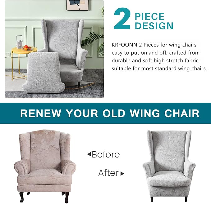 KRFOONN Stretch Wing Chair Slipcovers Jacquard 2 Piece Wingback Chair Covers - Image 4