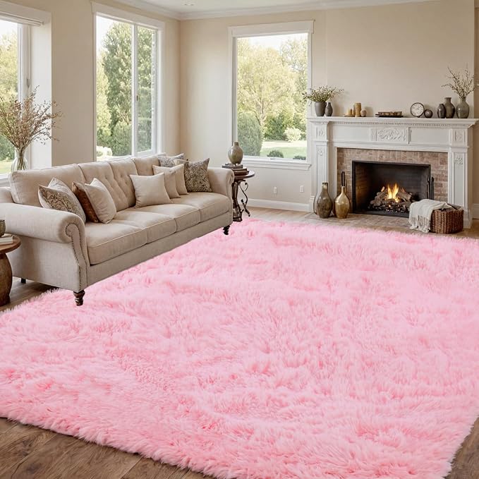 8x10 Fluffy Shag Area Rugs for Living Room Bedroom: Soft Carpet Light Pink | - Image 3