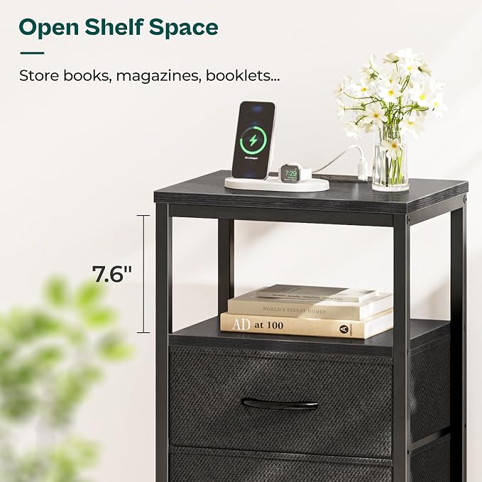 Huuger Nightstand with Charging Station, Side Table with 2 Fabric Drawers - Image 7