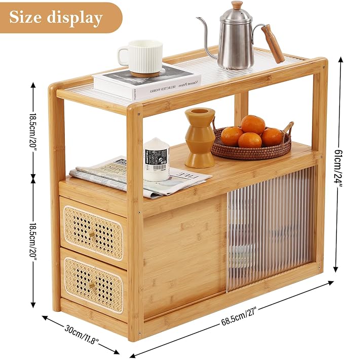 Tiita Rattan Nightstand Side Table, Bamboo Accent Bedside Tables, Glass Coffee - Image 2