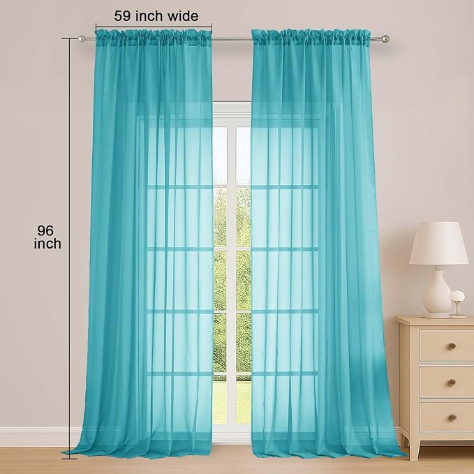 Extra Long Turquoise Sheer Curtains 96 Inches Long 2 Panels Set, Soft - Image 2