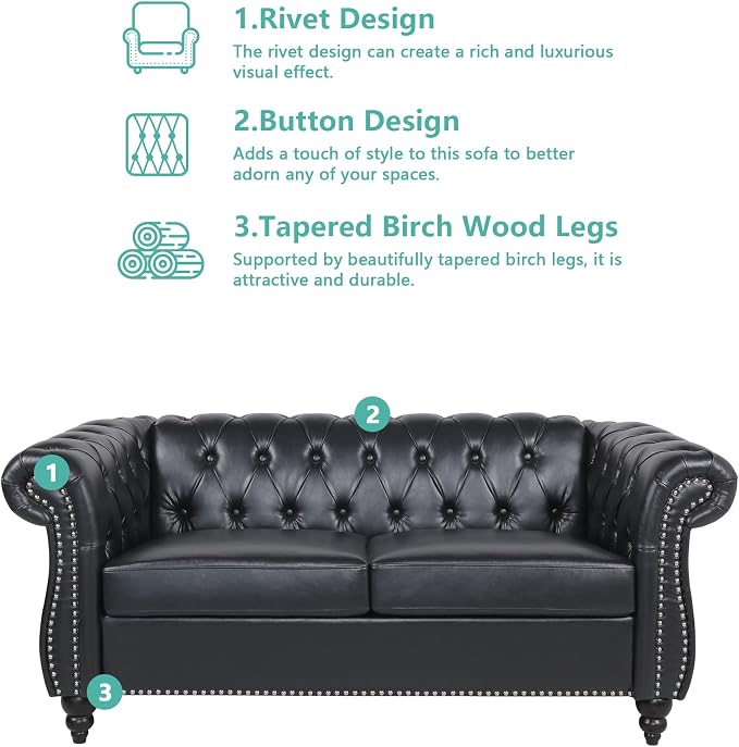 Chesterfield Loveseat Sofa, Modern Leather Small Sofa Couch 2 Seater - Image 7