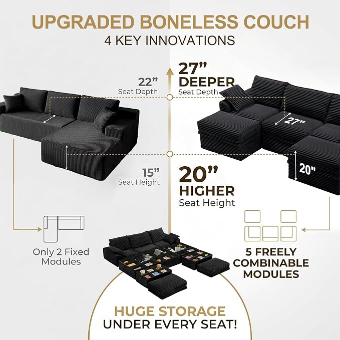 Upgrade Boneless Couch with Storage, Extra Deep&High Seat Modular Sectional - Image 6