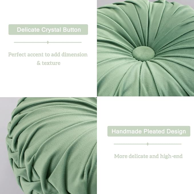 HIG Set of 2 Sage Velvet Decorative Round Pleated Throw Pillows | Vintage Floor - Image 3