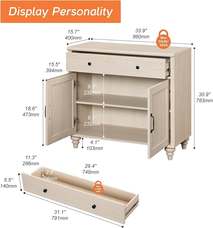 WAMPAT Buffet Cabinet with Doors & Drawer, Large Coffee Bar Table Wood Kitchen - Image 2