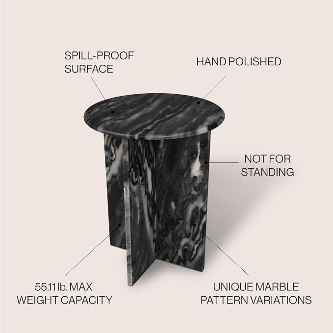 JONATHAN Y Javier Solid Black/Gray Marble End Table, 17.75" Round Modern Accent - Image 4