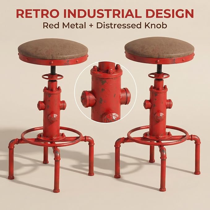 Topower Antique Vintage Industrial Barstool PU Leather Water Pipe Fire Hydrant - Image 6