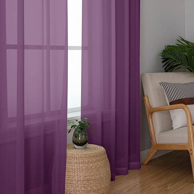 Plum Sheer Curtains 63 Inches Long 2 Panels Set, Light Filtering Voile Fimly - Image 2
