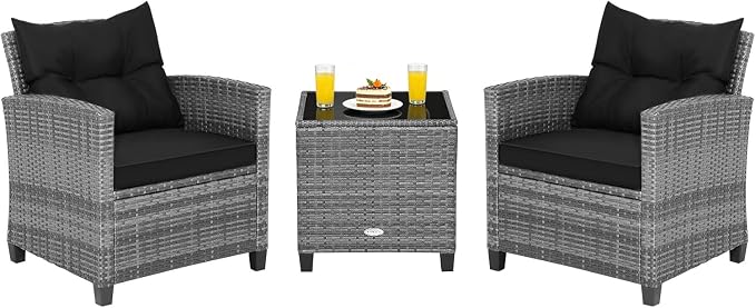 COSTWAY 3PCS Patio Furniture Set, PE Rattan Wicker Sofa w/Washable Cushion and by COSTWAY