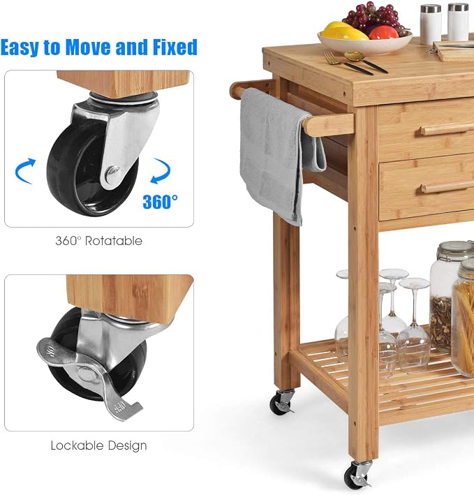 Giantex Kitchen Island, Bamboo Island Cart, Kitchen Trolley Cart on Wheels - Image 5