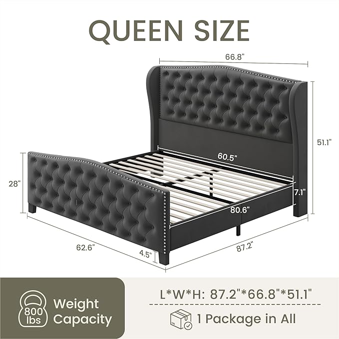 LARMACE Queen Size Bed Frame Velvet Upholstered Platform Bed - Image 2