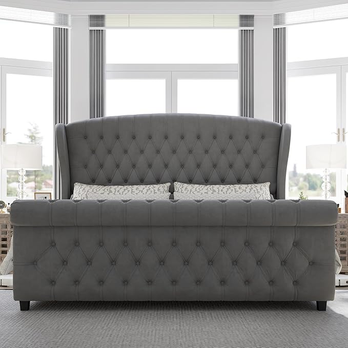 AMERLIFE Queen Size Platform Bed Frame, Velvet Upholstered Sleigh Bed - Image 3