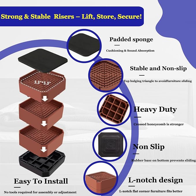 Bed Risers Heavy Duty, Adjustable Furniture Riser Blocks Lift 1.5, 4.3 inches - Image 3