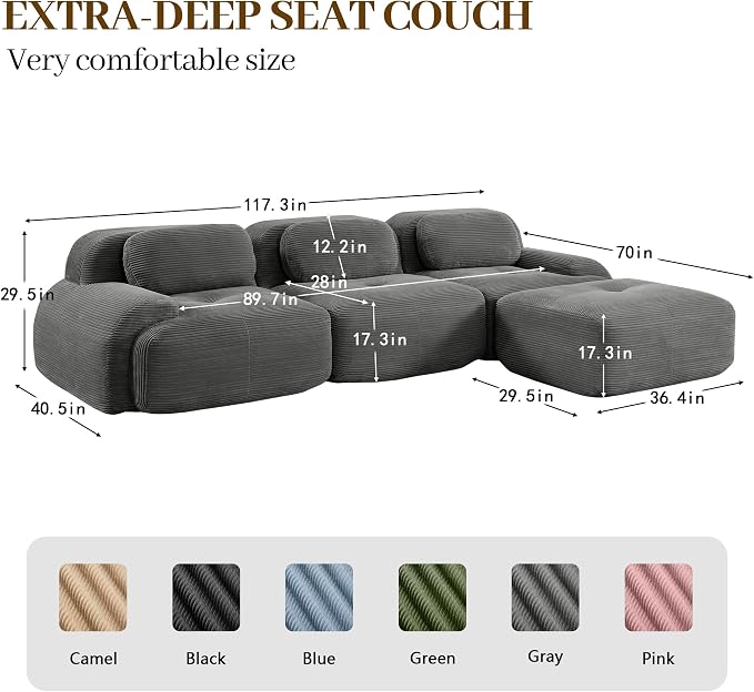 Boneless Sectional Couch, No Assembly Required, 117.3” L Shaped Modular Cloud - Image 3