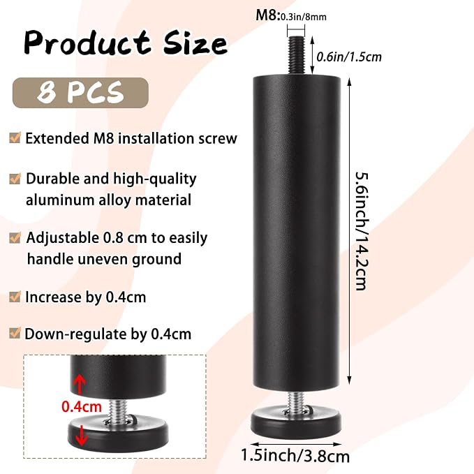 8 PCS 5.6 Inch Adjustable Furniture Legs Black Adjustable Bed Support Legs - Image 2